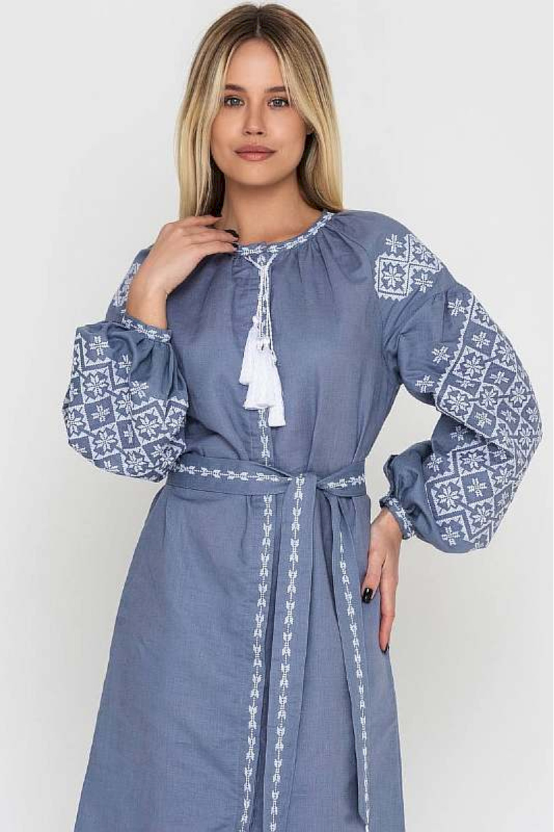 Women's embroidered dress "Bright Stars" light blue linen